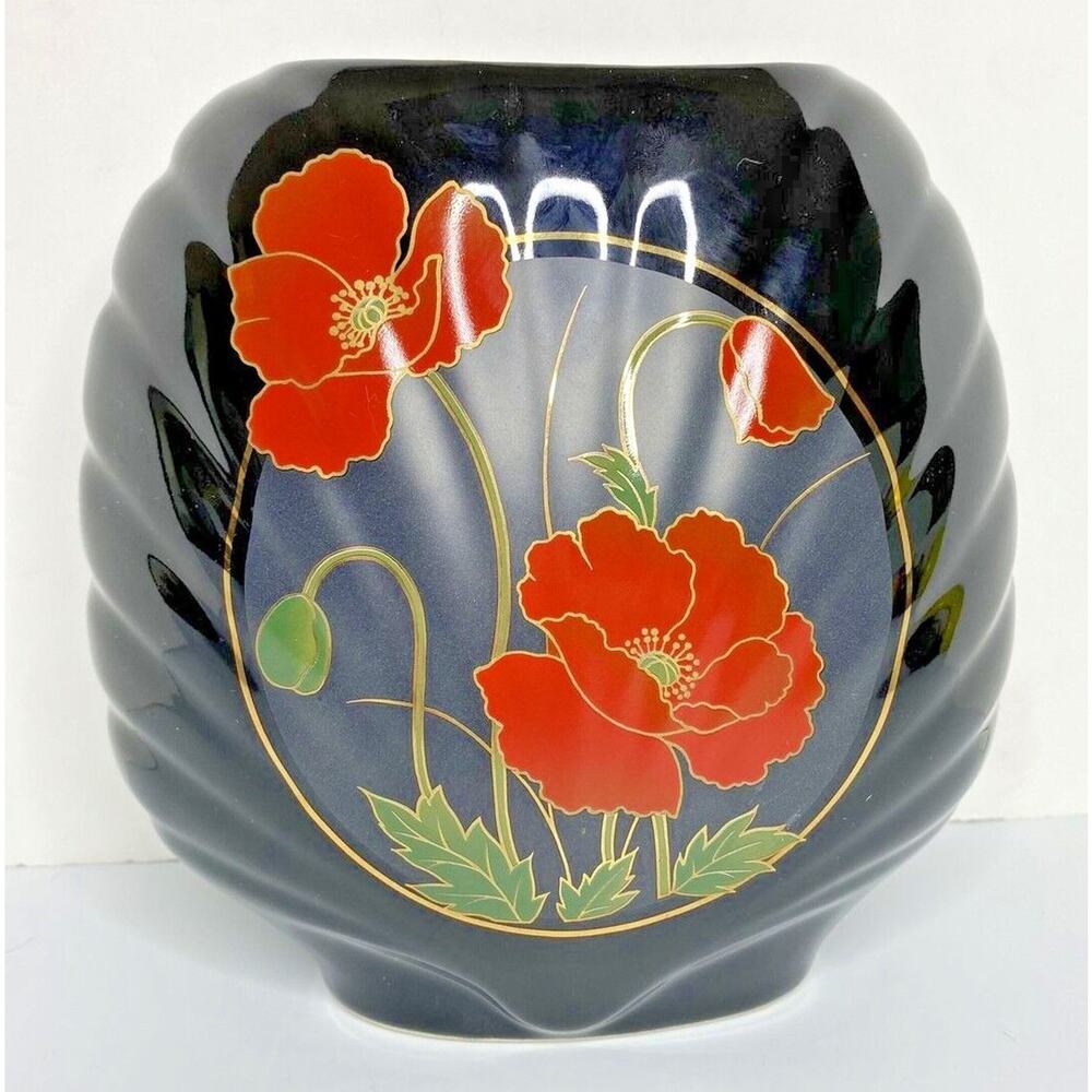 Vintage Fine China Japan Black Vase With Red Poppies Flowers Flask Shape